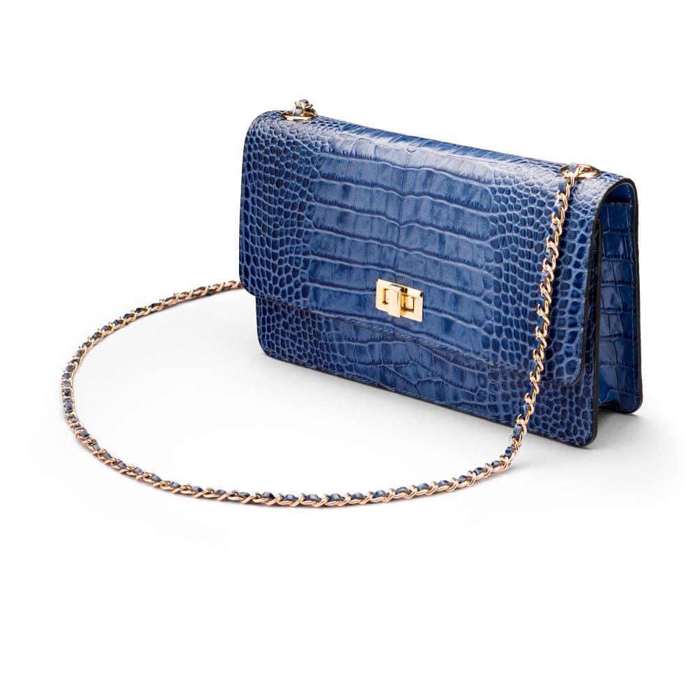 Leather Chain Bag, Blue Croc Shoulder Bags SageBrown