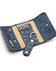 Leather key wallet, blue croc, open