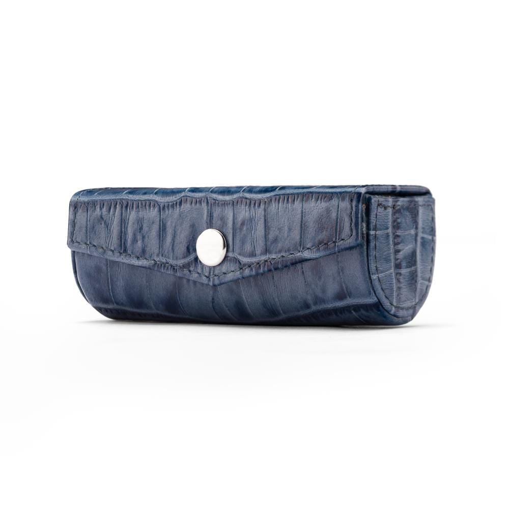 Leather lipstick case, blue croc, front