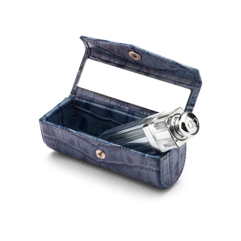 Leather lipstick case, blue croc, inside view