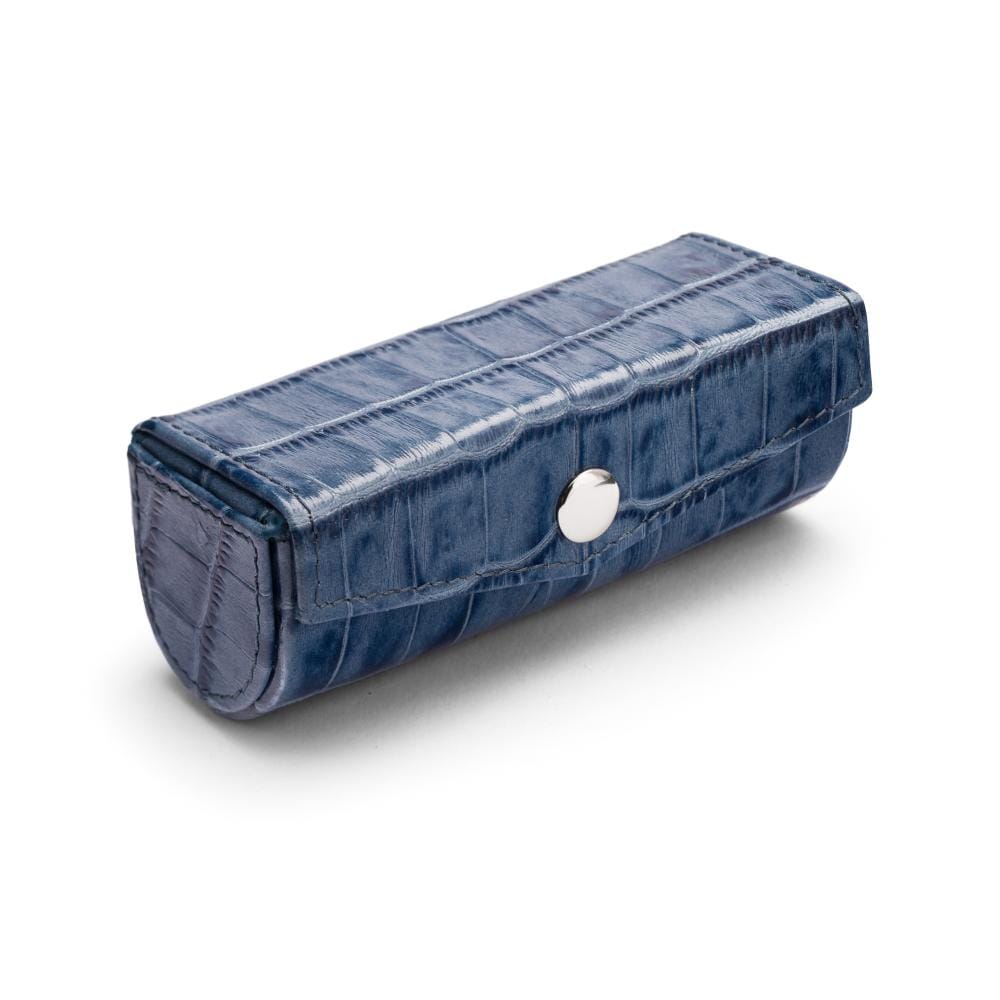 Leather lipstick case, blue croc, side