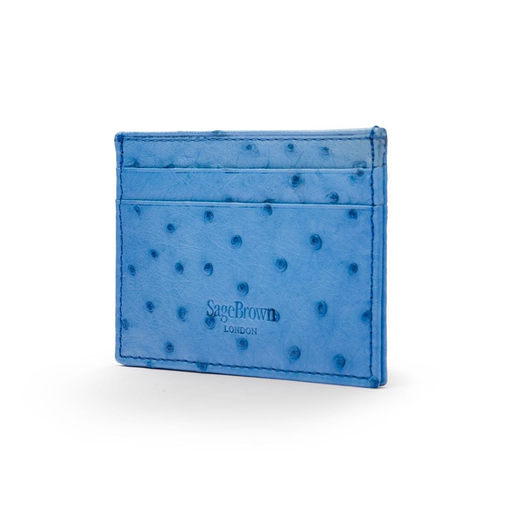 Flat ostrich leather credit card case, blue ostrich leather, back