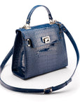 Leather Catherine bag, blue patent croc, with strap