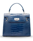 Leather Catherine bag, blue patent croc, front