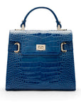 Leather mini Catherine bag, blue patent croc, front