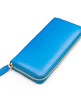 Tall leather zip around accordion purse, blue, front