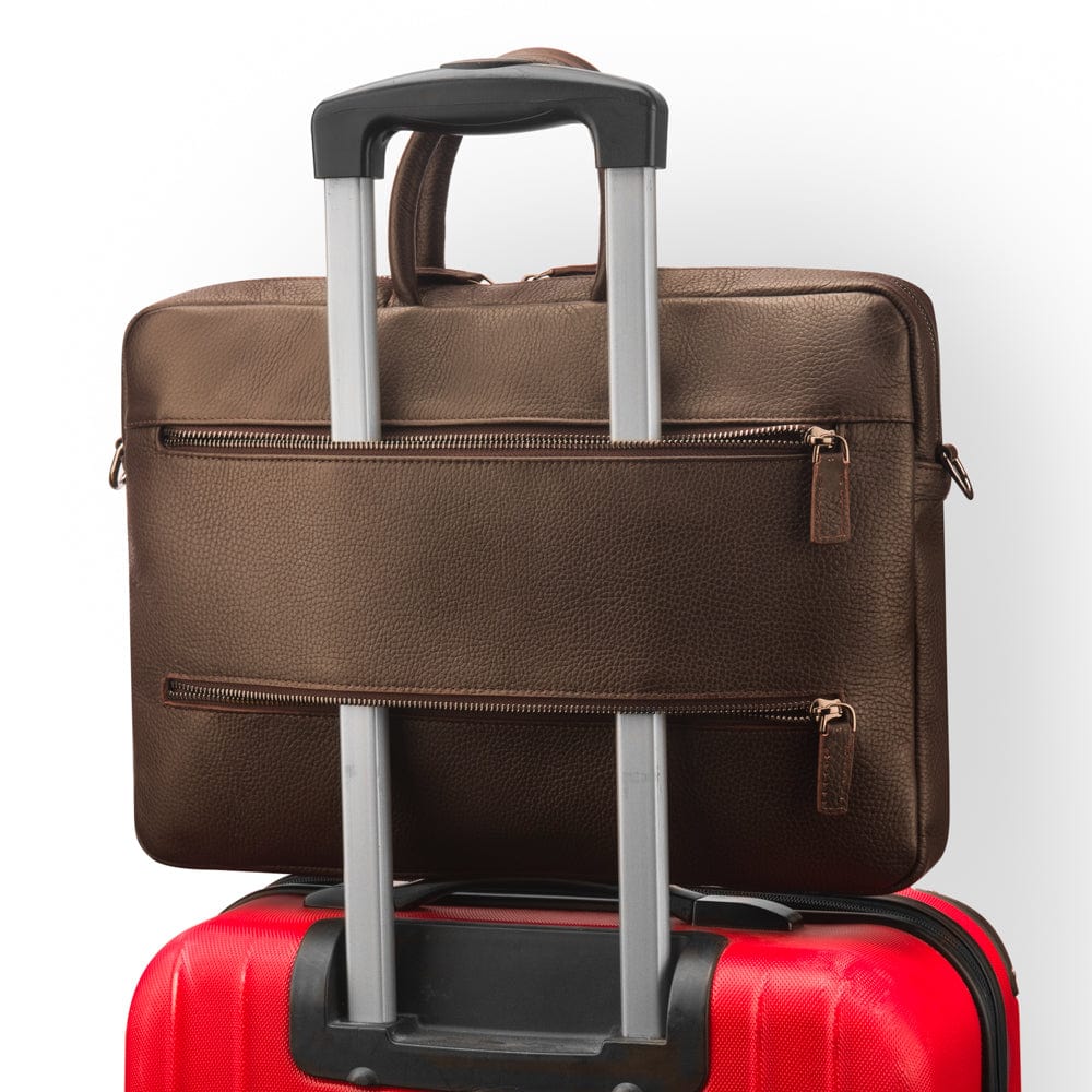 15" slim leather laptop bag, brown, reverse