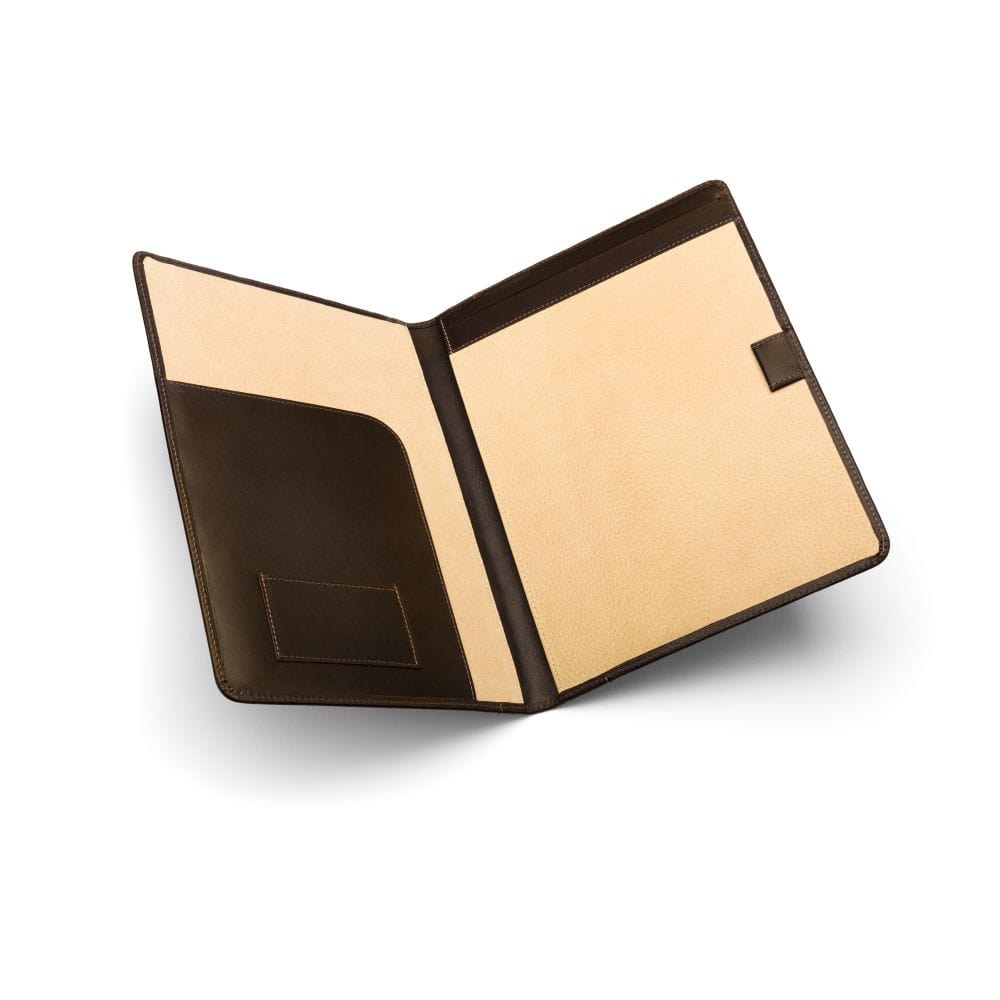 A4 leather document folder, brown, open view