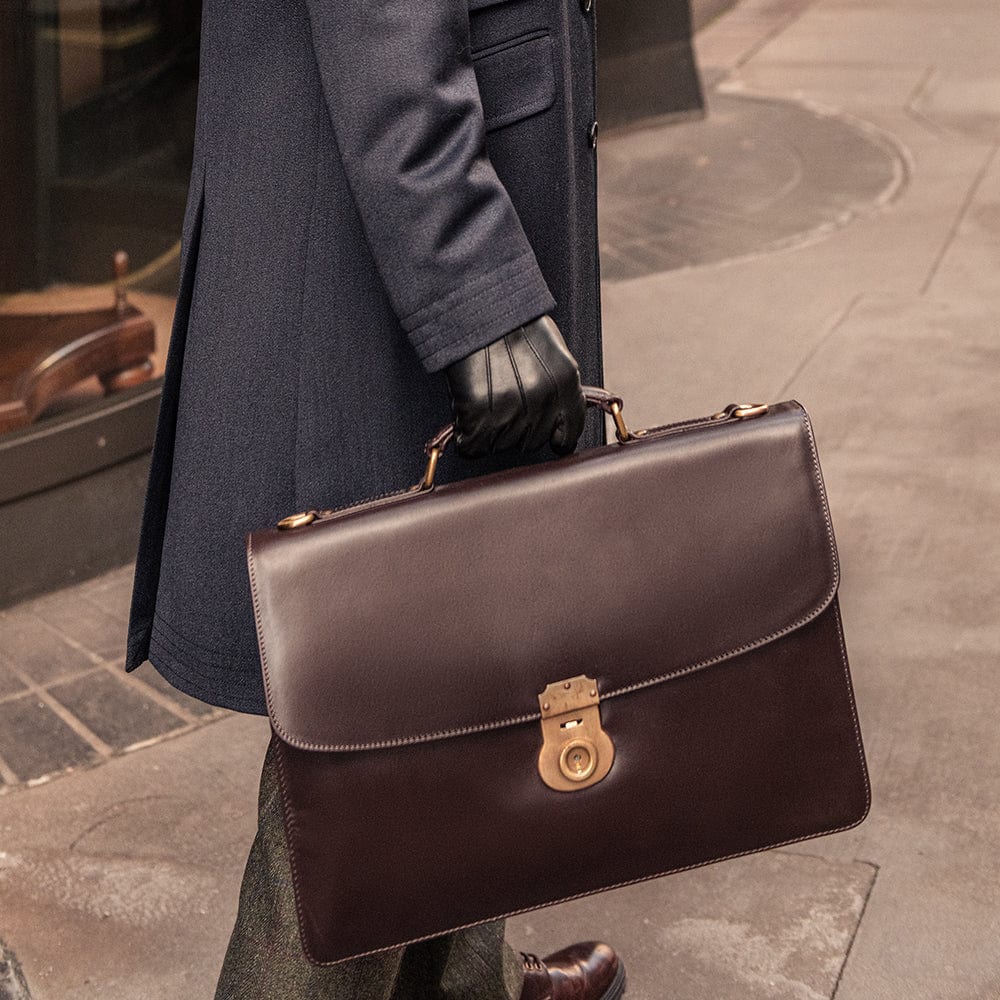 Bridle hide briefcase with brass lock, Harvard, brown bridle , front