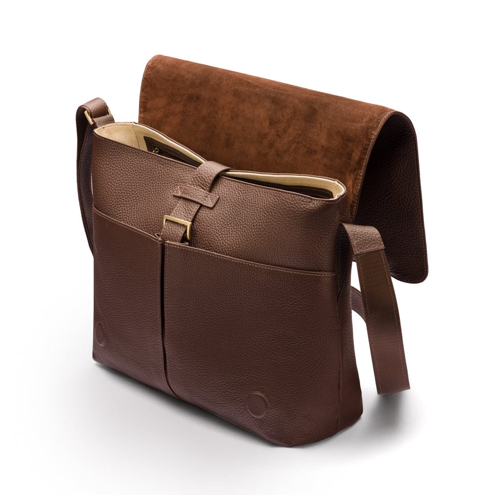 Men's large leather messenger bag, brown pebble grain, open