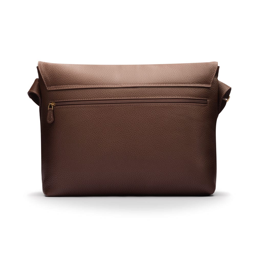 Men's large leather messenger bag, brown pebble grain, back