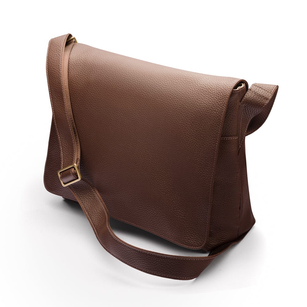 Men's large leather messenger bag, brown pebble grain, side