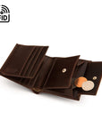 Compact RFID leather wallet with coin purse, brown, open
