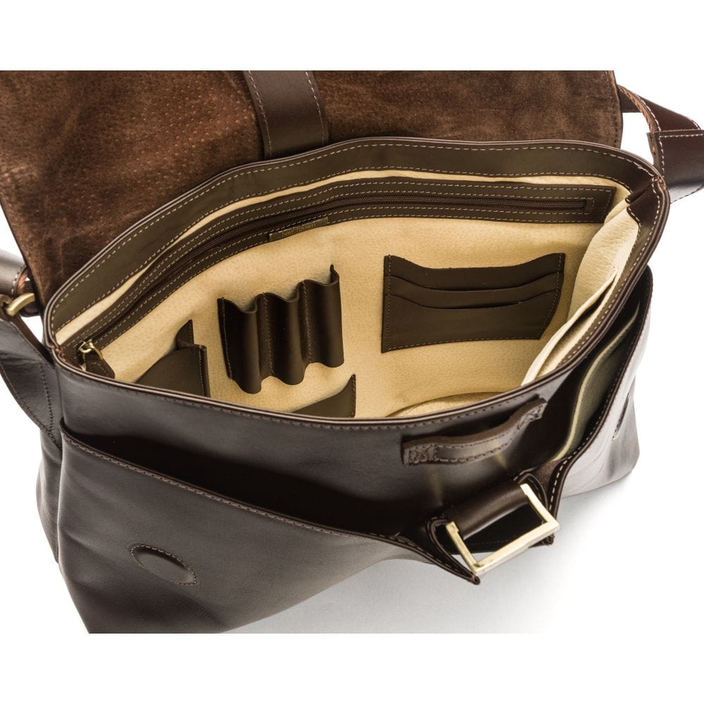 Leather messenger bag, brown, inside