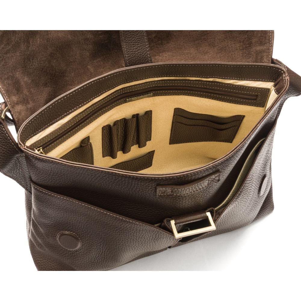 Leather messenger bag, brown pebble grain, inside