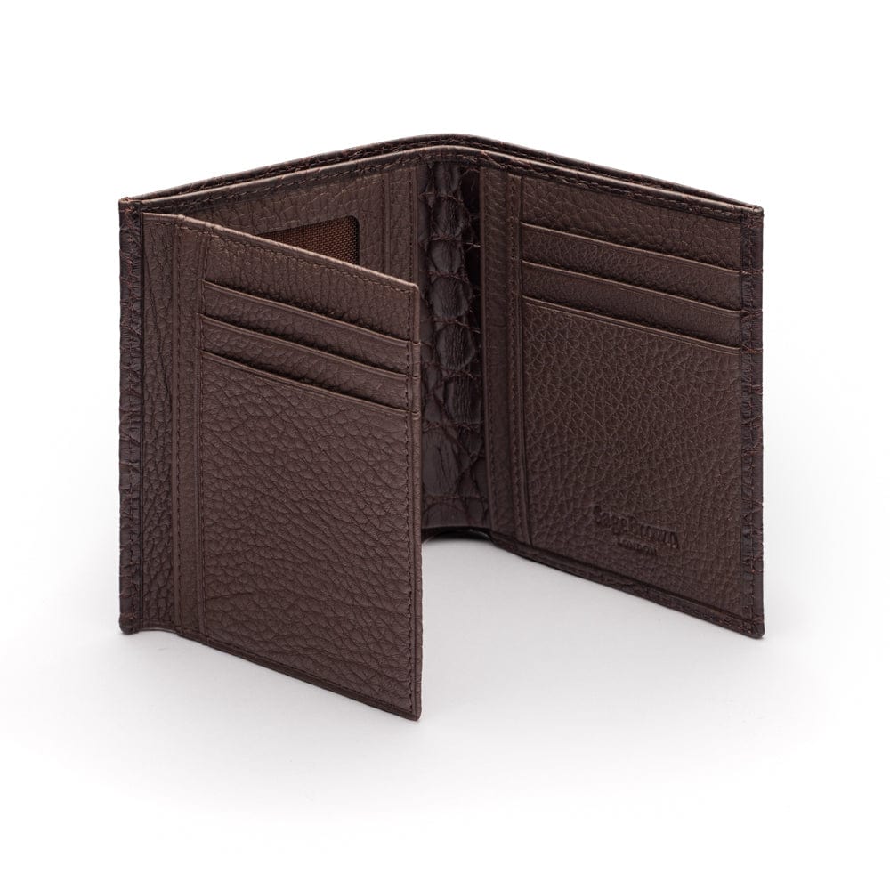 Compact leather wallet with 6 credit card slots and 2 ID windows, brown croc, inside
