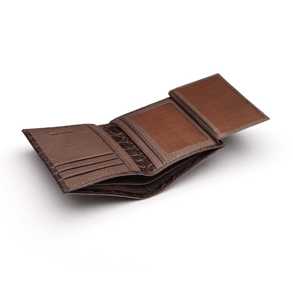 Compact leather wallet with 6 credit card slots and 2 ID windows, brown croc, open