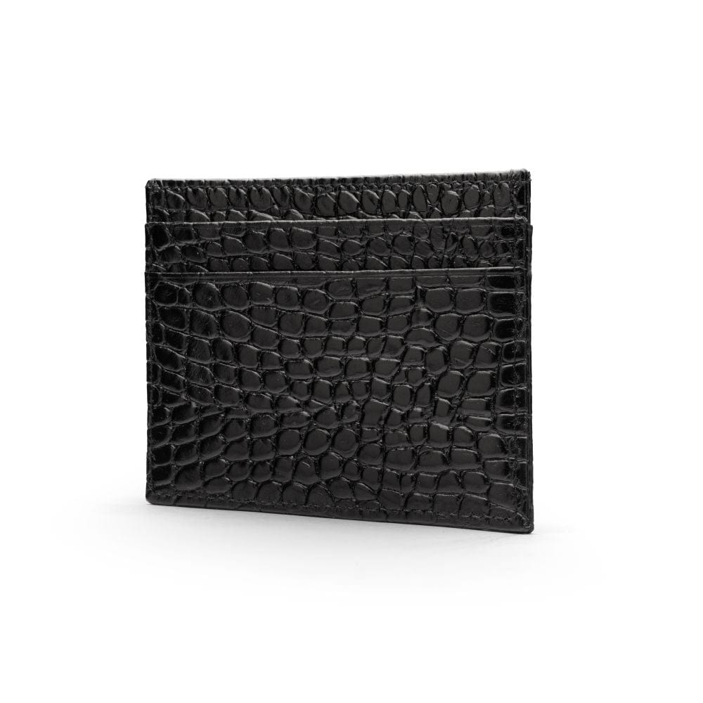 Flat leather credit card wallet 4 CC, black croc, front 
