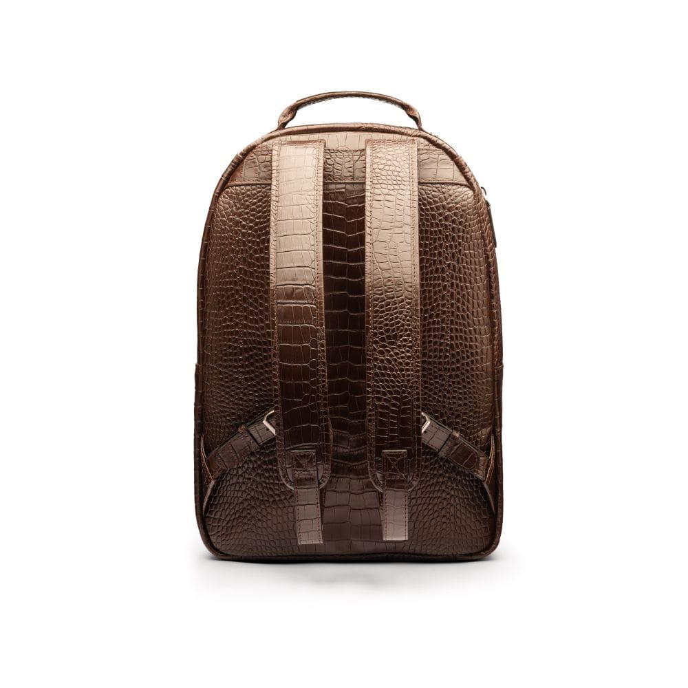 Men's leather 15" laptop backpack, brown croc, back view