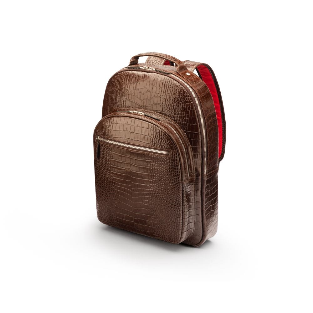 Men's leather 15" laptop backpack, brown croc, side