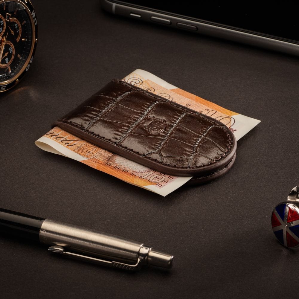 Leather Magnetic Money Clip, brown croc, lifestyle