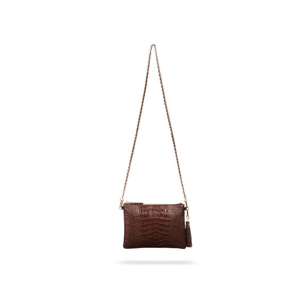 Leather cross body bag with chain strap, brown croc, with strap
