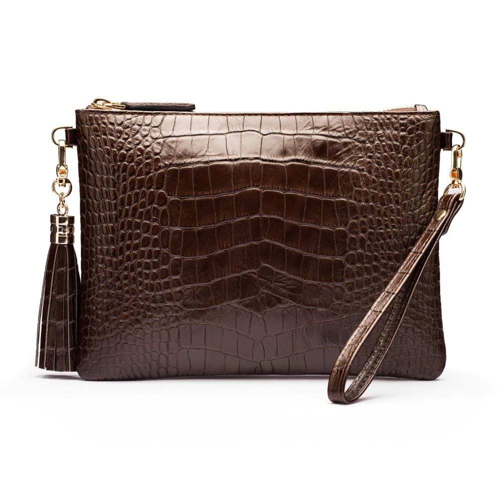 Leather cross body bag with chain strap, brown croc, front