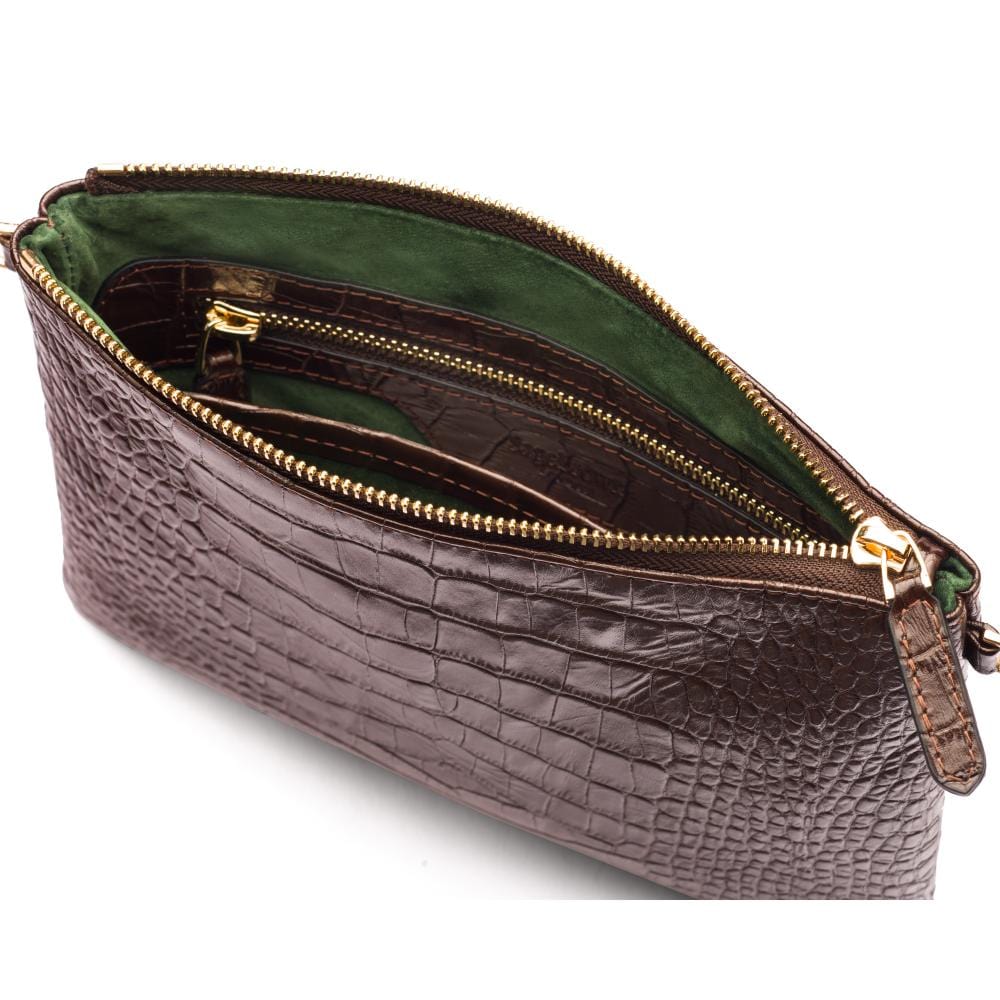 Leather cross body bag with chain strap, brown croc, inside