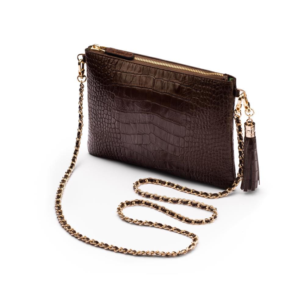 Leather cross body bag with chain strap, brown croc