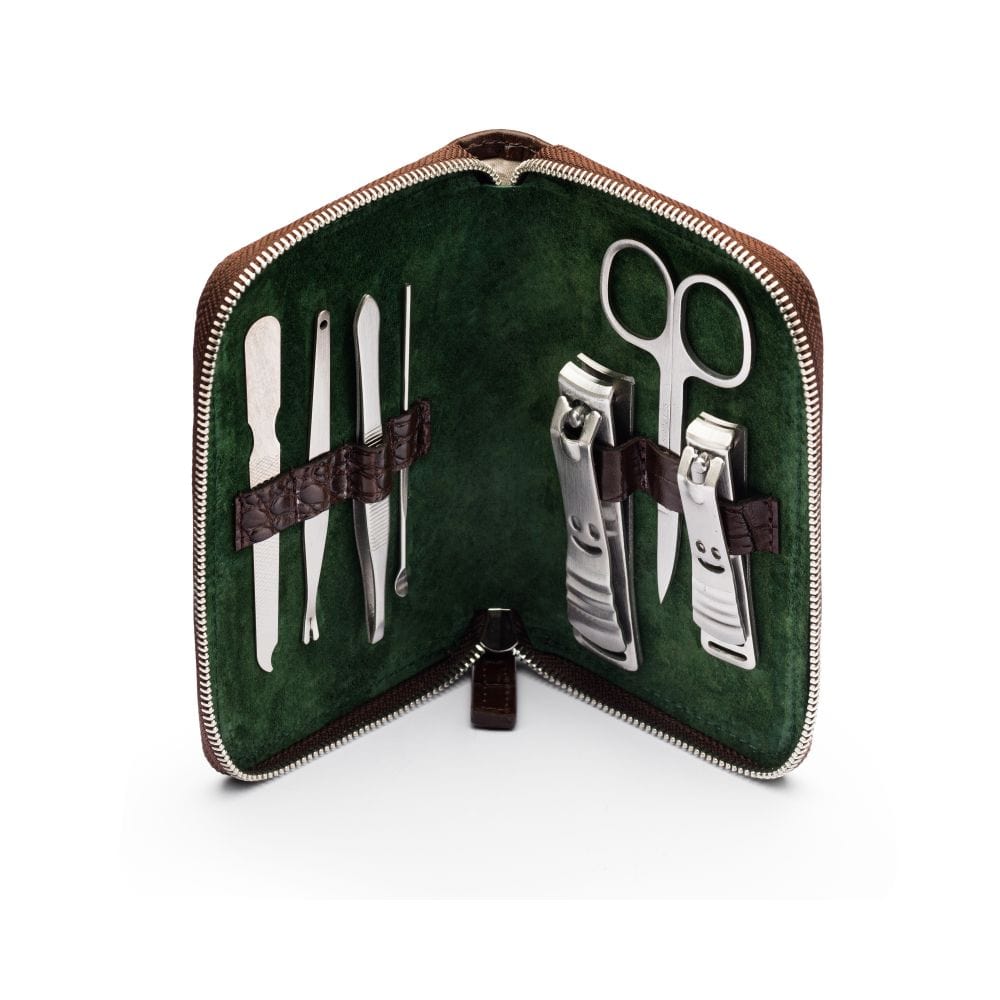 Leather zip around 7 piece manicure set, brown croc, open