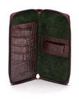 Leather zip around triple pen case, brown croc, open