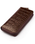Leather zip around triple pen case, brown croc, side