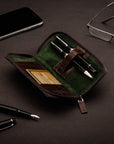 Leather zip around triple pen case, brown croc, lifestyle