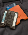 Flat magnetic leather money clip card holder, brown croc, lifestyle