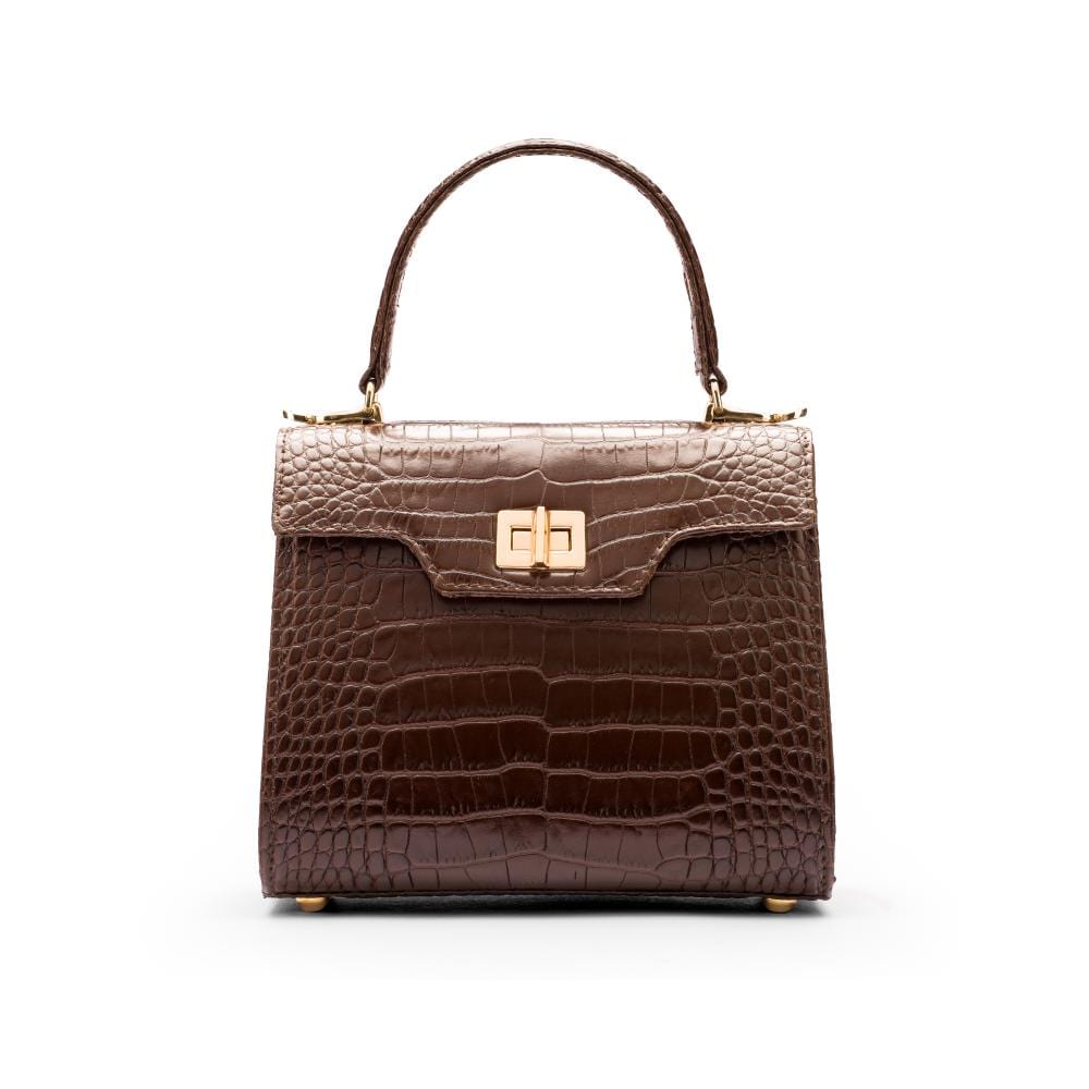 Mini leather Morgan Bag, top handle bag, brown croc, front