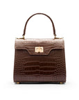 Mini leather Morgan Bag, top handle bag, brown croc, front