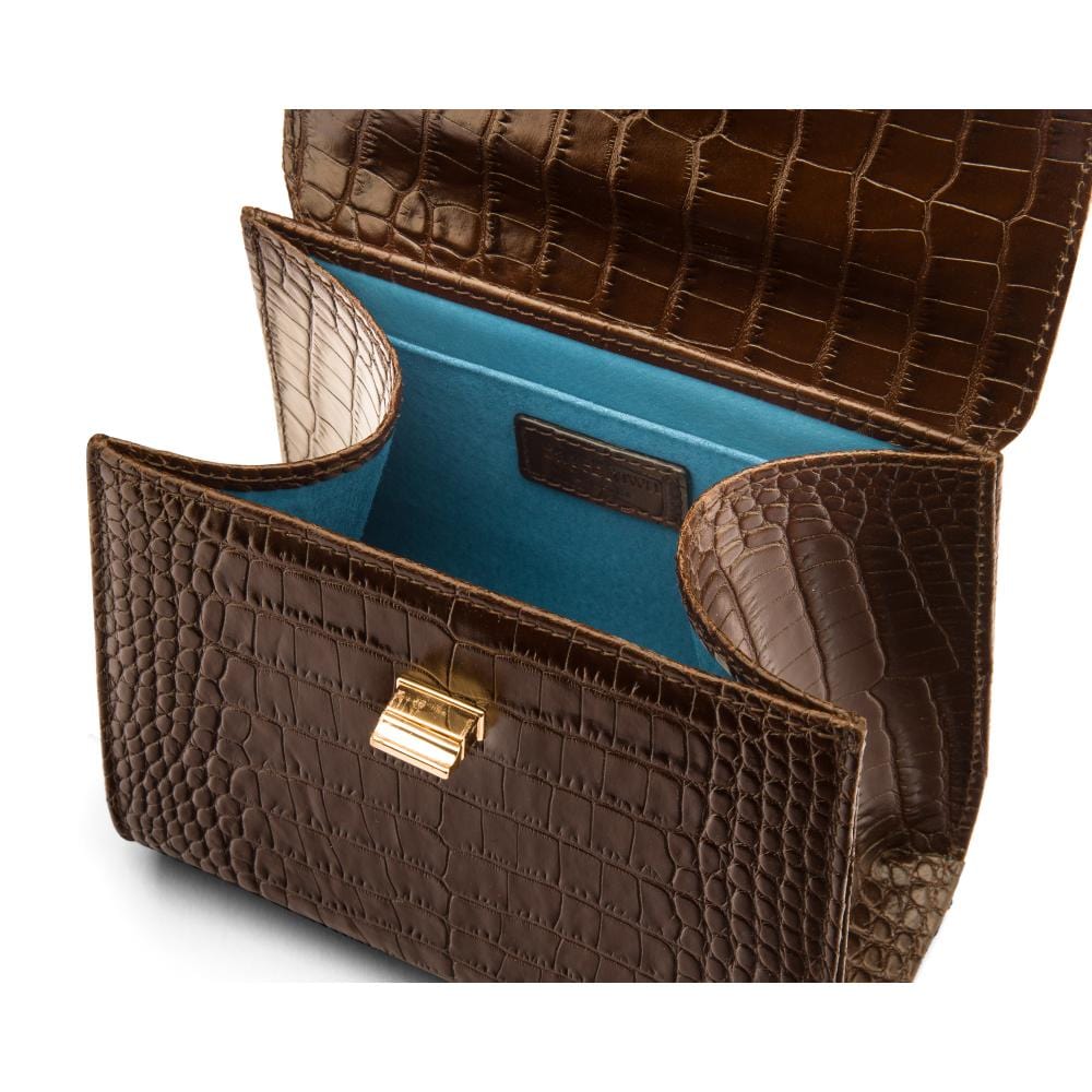 Mini leather Morgan Bag, top handle bag, brown croc, inside