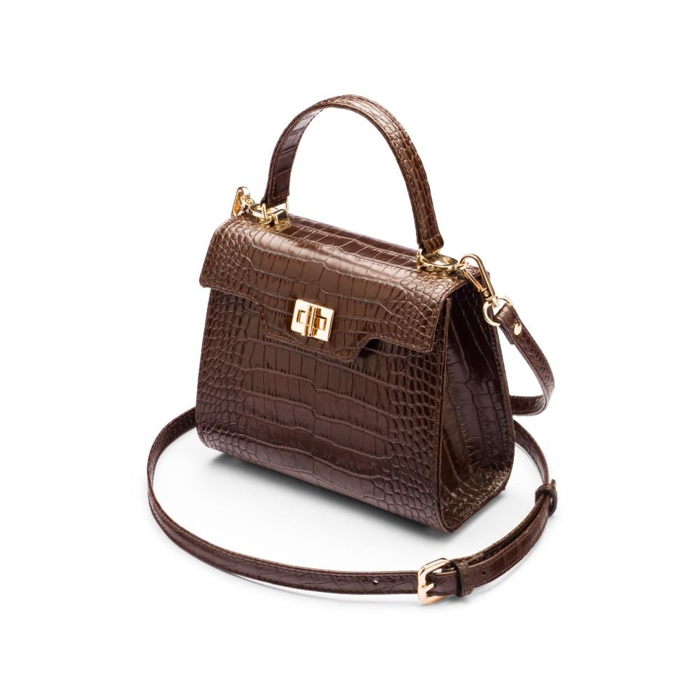Mini leather Morgan Bag, top handle bag, brown croc, side view