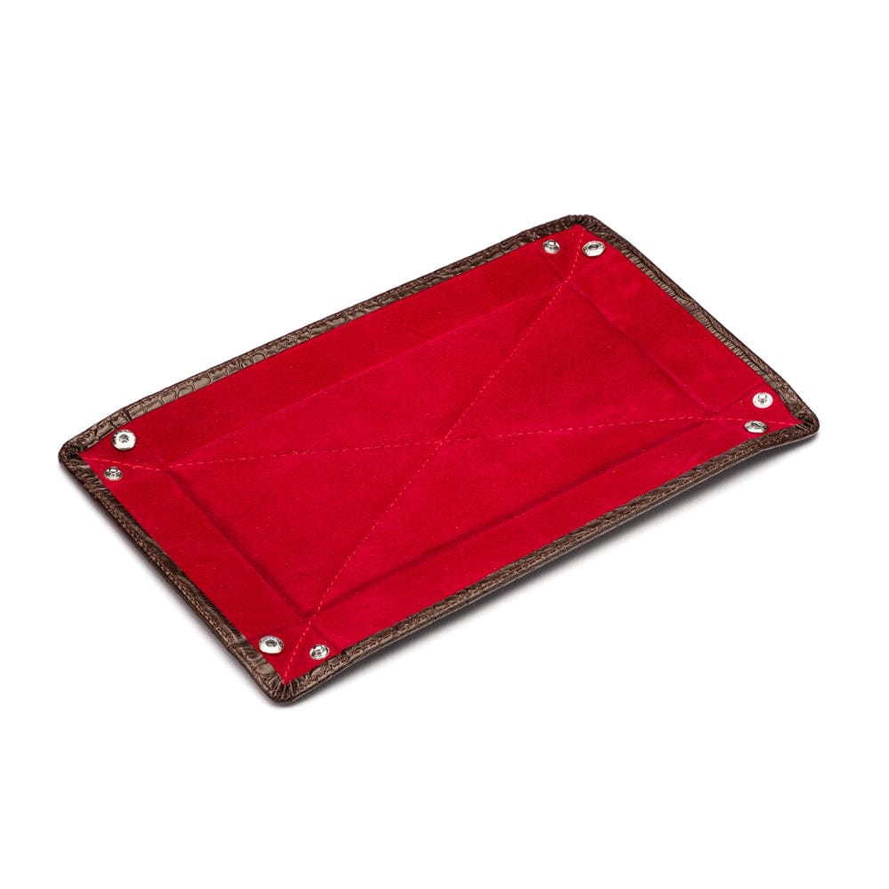 Rectangular leather valet tray, brown croc with red, flat