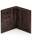 RFID compact leather billfold wallet 4 CC, brown croc, open view