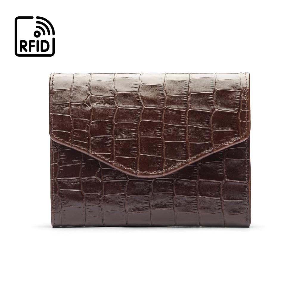 RFID Large leather purse with 15 CC, brown croc, front