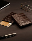 Pull apart business card holder, brown croc, lifestyle
