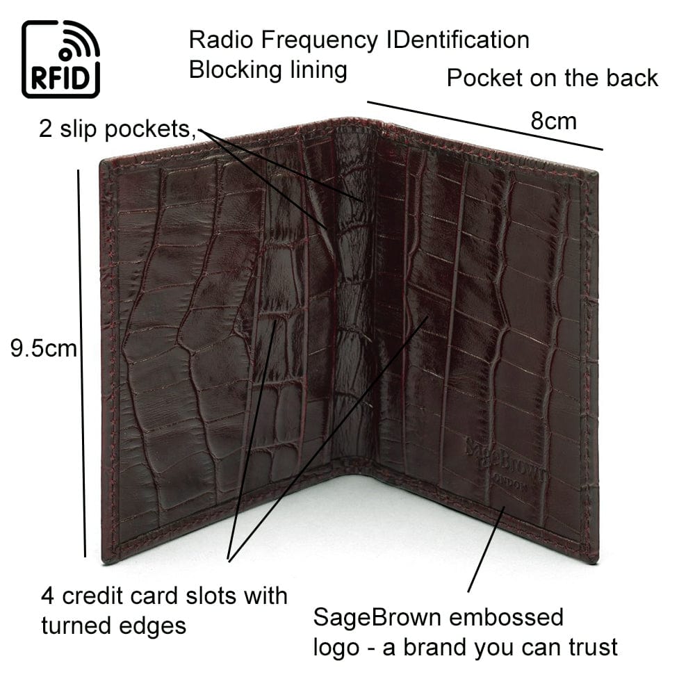 RFID leather credit card holder, brown croc, features