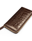 Tall leather zip around accordion purse, brown croc, front