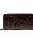 Tall leather zip around accordion purse, brown croc, back