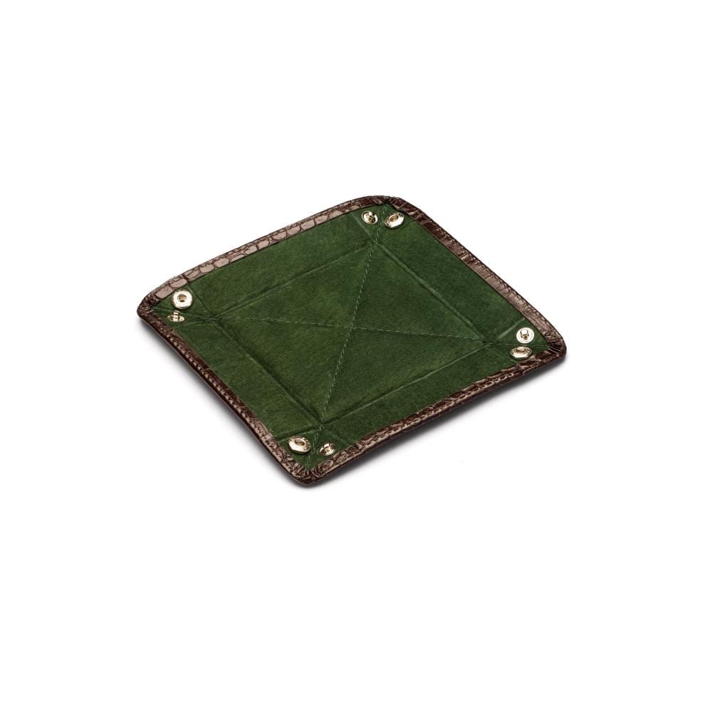 Small leather valet tray brown croc with green, flat