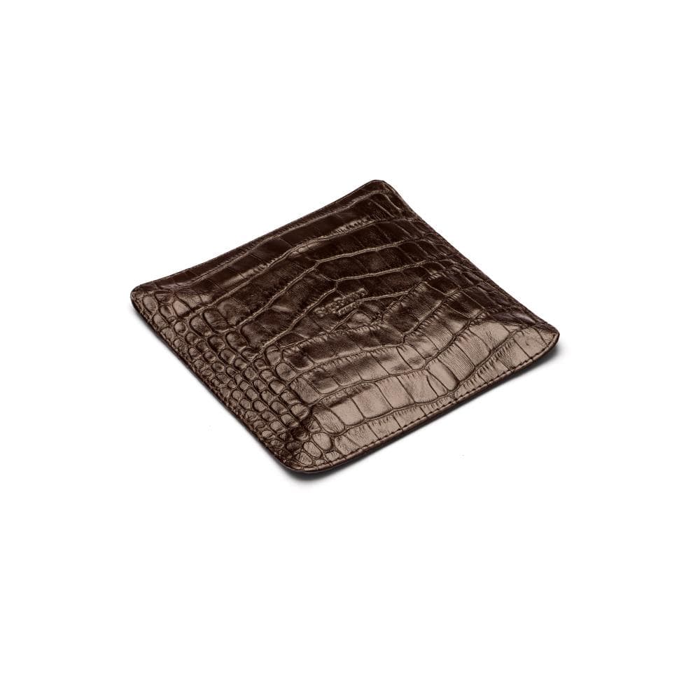 Small leather valet tray brown croc with green, flat base