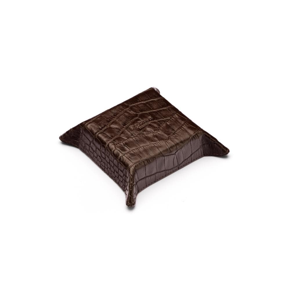 Small leather valet tray brown croc with green, base