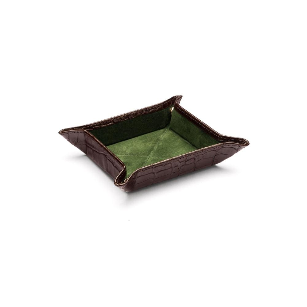 Small leather valet tray brown croc with green, front