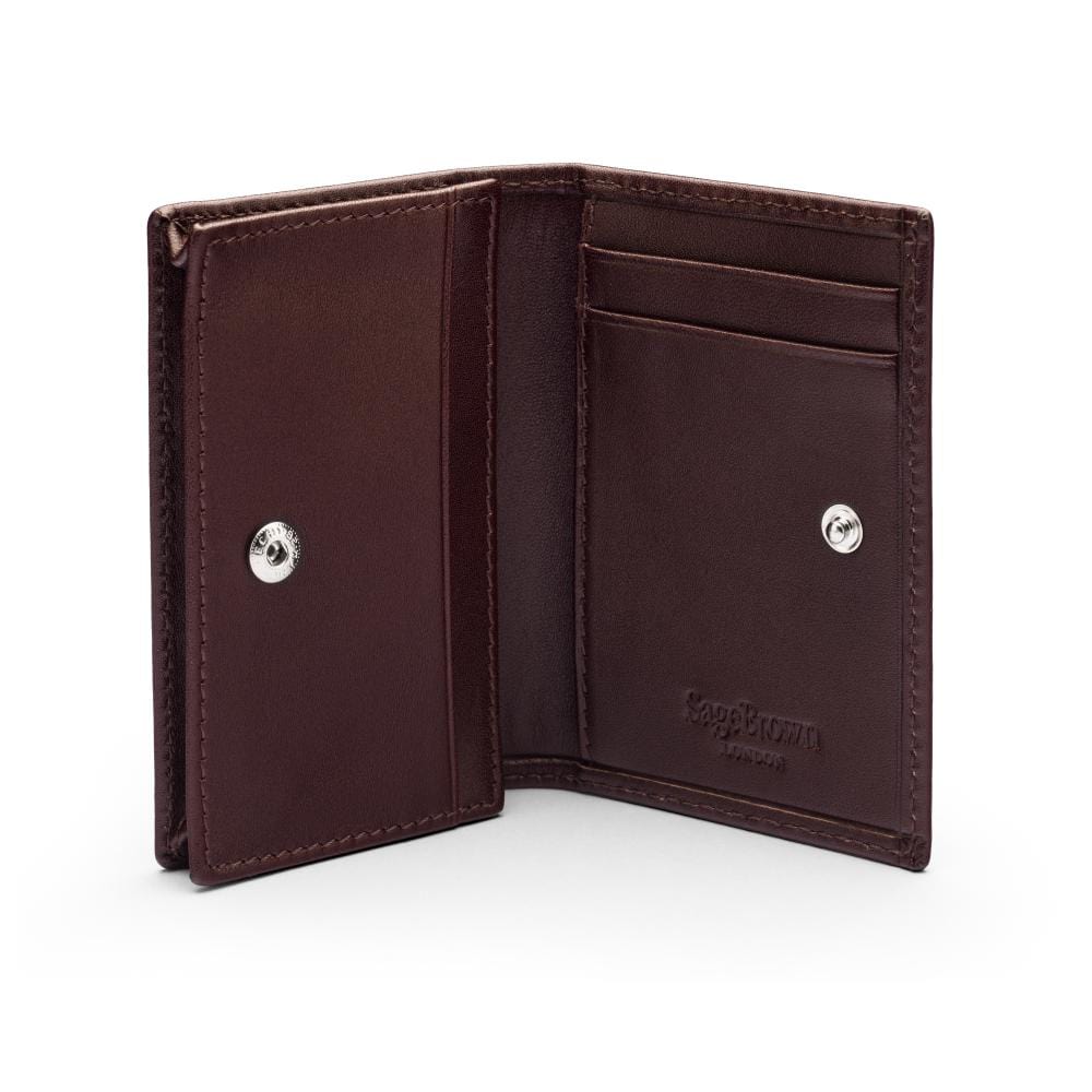 Expandable leather business card holder, brown, open